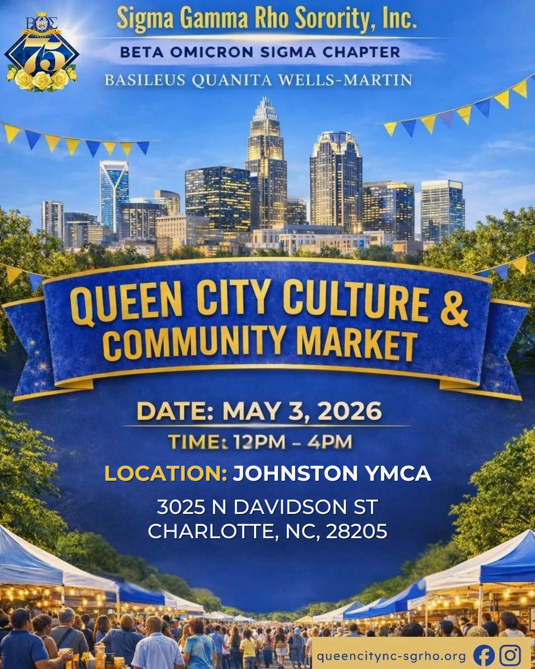Queen City Culture & Community Market event flyer — hosted by Sigma Gamma Rho Sorority, Beta Omicron Sigma Chapter, May 3 2026, Johnston YMCA, 3025 N Davidson St, Charlotte NC 28205